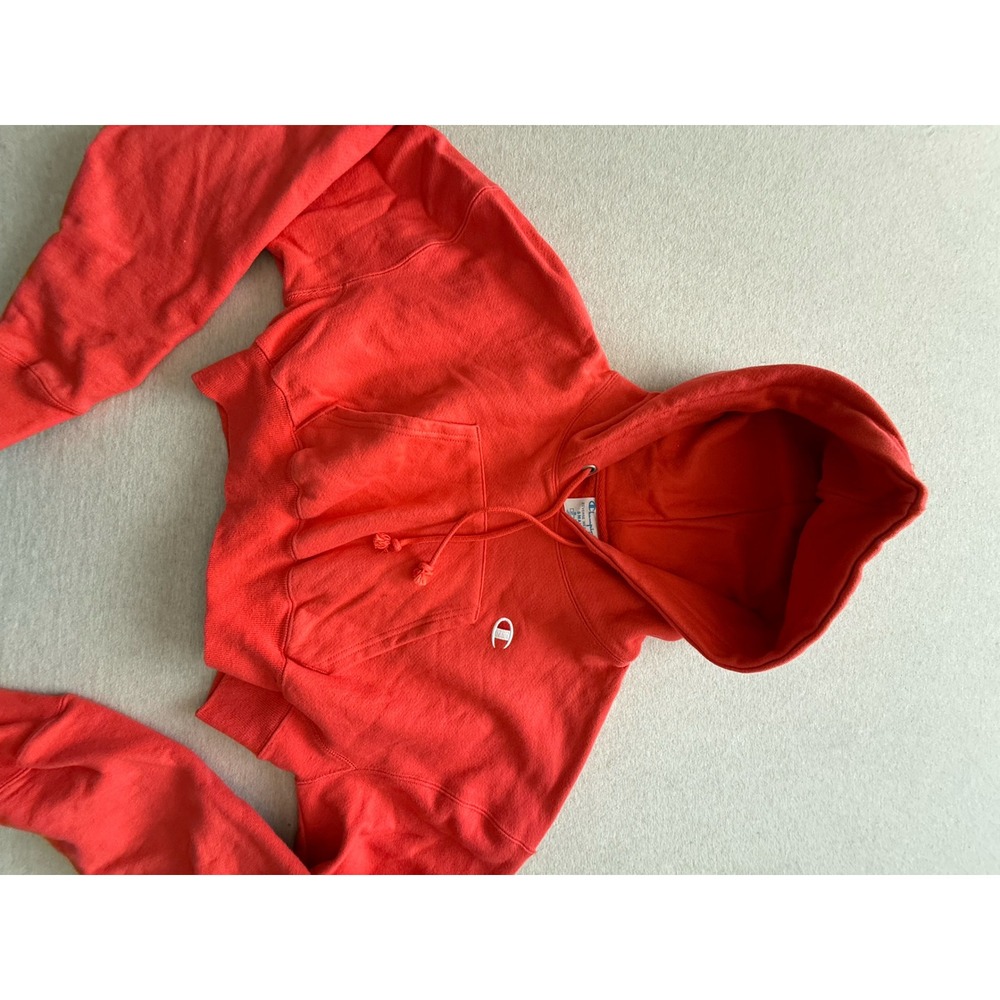 Champion Reverse Weave Cropped Hoodie Red Small C Logo Pullover Sweatshirt